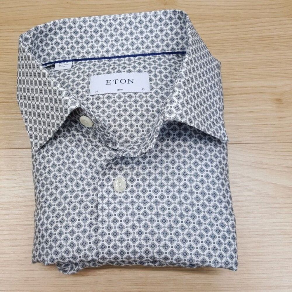 ETON Mens Shirt 15 38 White Medallion Button Up Slim Fit Lyocell Stretch $290